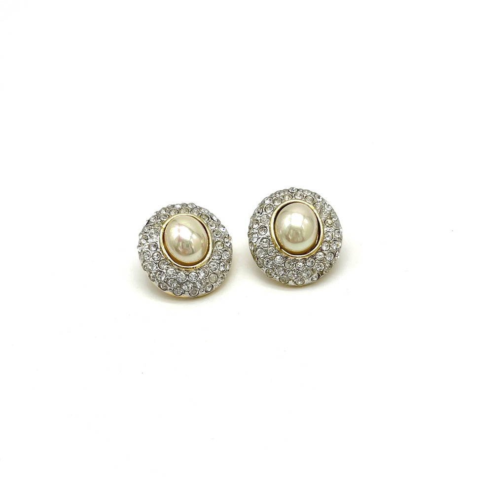 Faux Pearl‎ Rhinestone Earrings Gold Tone Studded Button